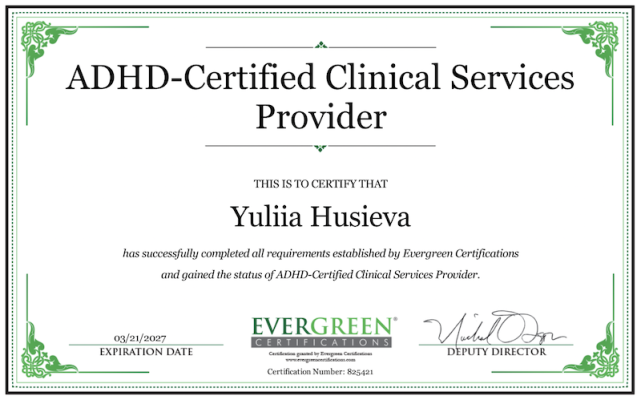 ADHD - certificate - yuliia hisieva